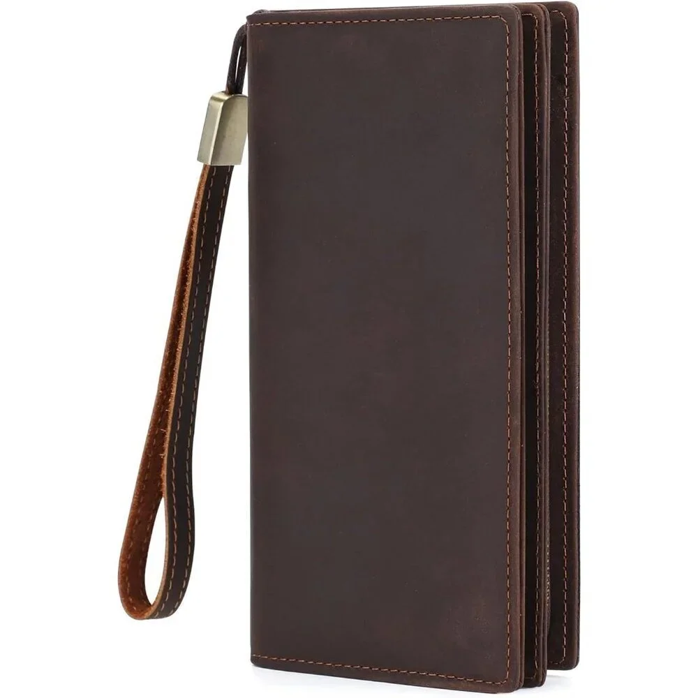 Men's Genuine Leather Brown Bifold Long Wallet Purse Card Multi Zipper Design